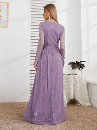 Mgiacy Wrap Belted Maxi Glitter Dress