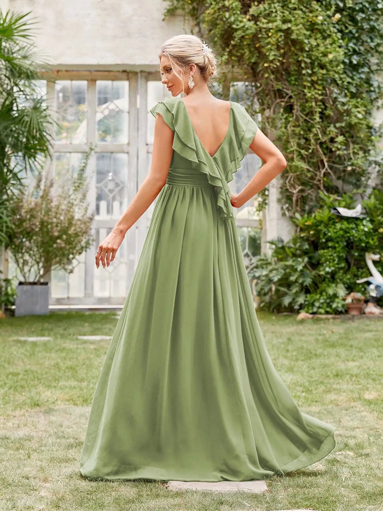 Mgiacy V-neck cap sleeve ruffle lace Extra long evening gown Ball dress