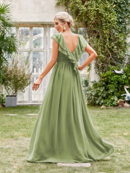Mgiacy V-neck cap sleeve ruffle lace Extra long evening gown Ball dress