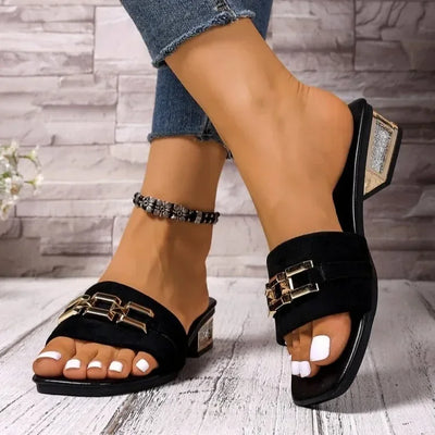 Bohemian Metal Buckle Kitten Heel Slippers