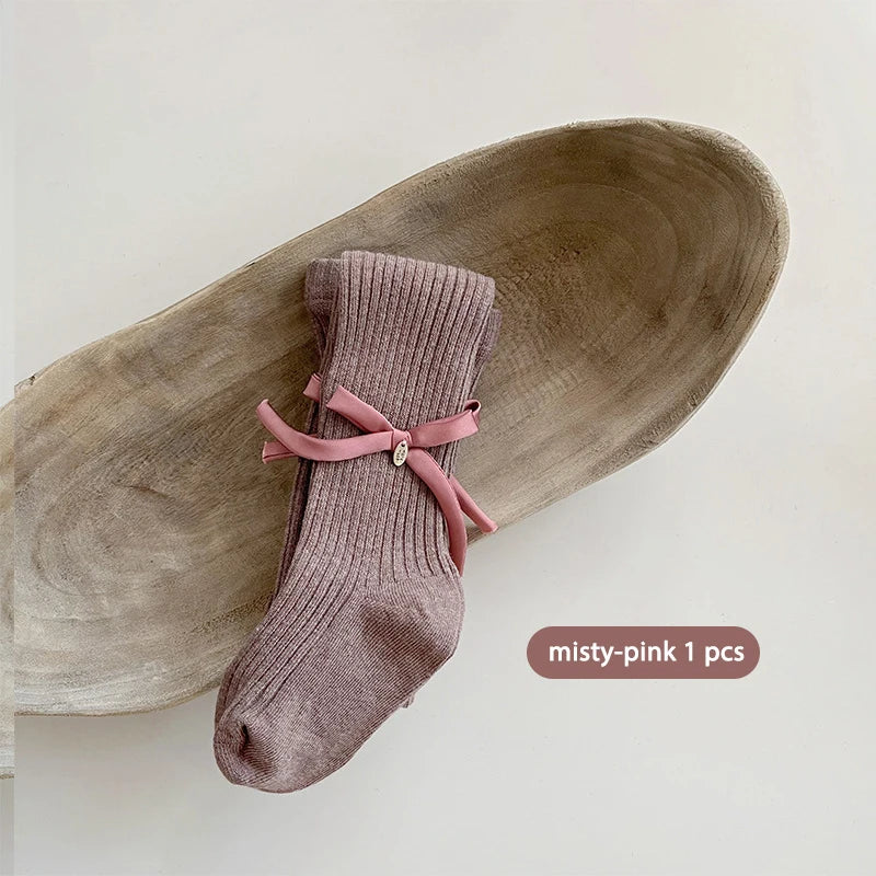 Autumn Grils Leggings Bow Knitted Pantyhose Bottom Toddler Ribbed Stockings