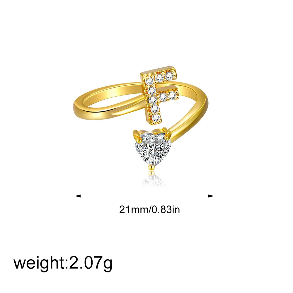 Gold Letter Open Heart Shape Cubic Zirconia  A-Z 26 Letter  Lnitials Rings