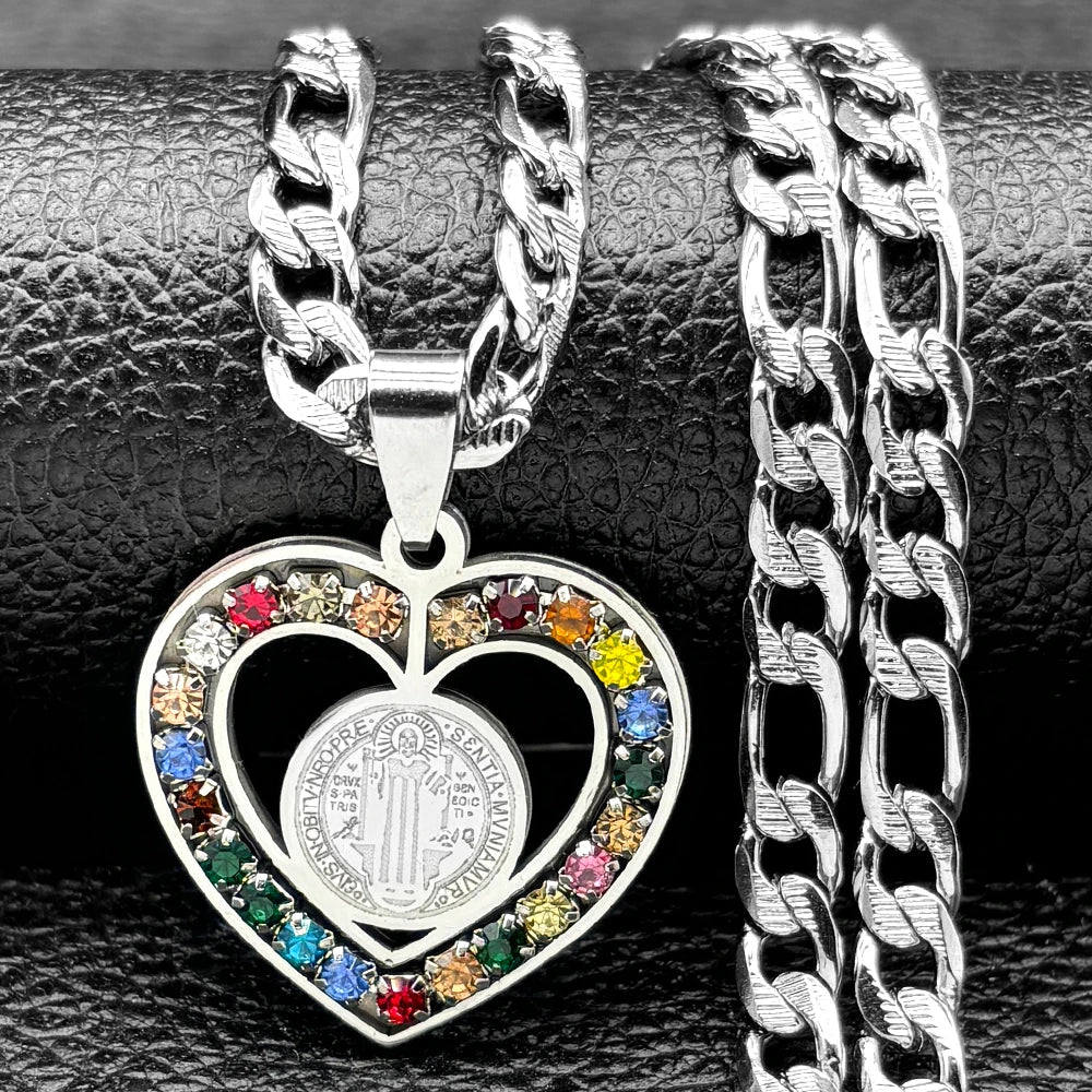 Colorful Crystal Saint Benedict Medal Necklace