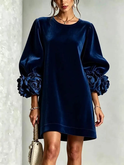 Fall Winter Korean Velvet Long Sleeve Dress with 3D
