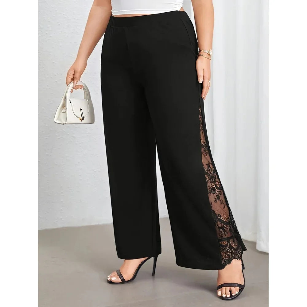 Black split lace elastic waist wide leg pants
