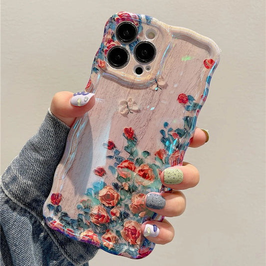 Retro Oil Painting Phone Case For iPhone ProMax Flower Print Silicone Cover