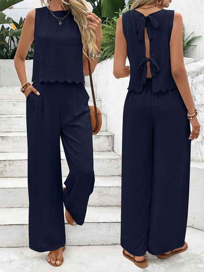 Linen Tie Sleeveless Top And Pants Set