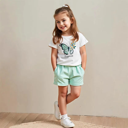 Cotton Short Sleeve Butterfly Print 2Pcs Suit
