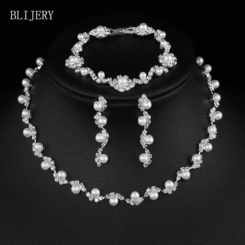 Simulated Pearl Crystal Necklace Jewelry Sets