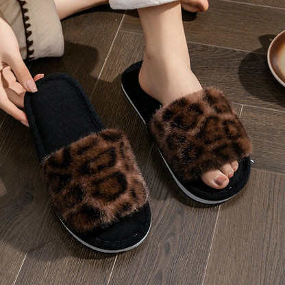 Leopard Print Plush Home Non-Slip Sole Soft Open Toe Slippers