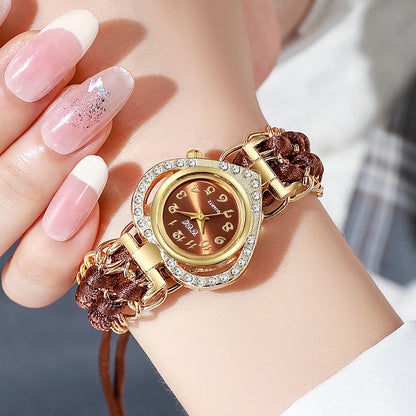 Luxury Rhinestone Heart Dial Woven Strap Quartz Wristwatch