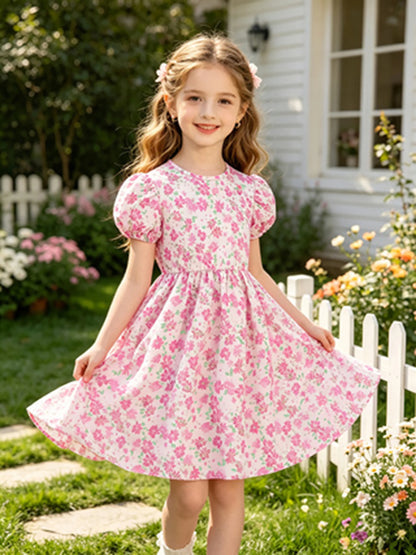 Pink Floral Summer Puff Sleeve Princess Dress