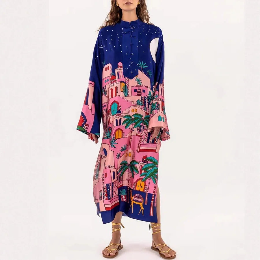 Vintage Satin Print Long Dress