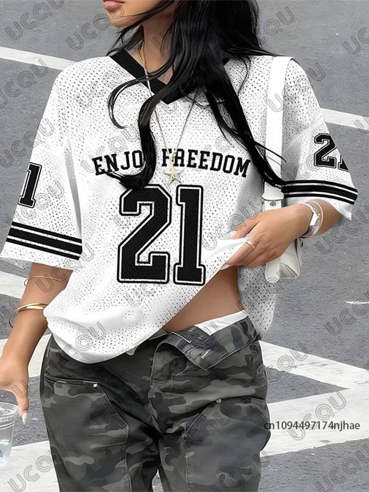 No.21 Print V-Neck Short Sleeve Sports Football Jersey Y2K Oversized T-Shirt