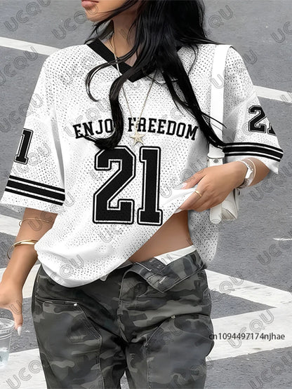 No.21 Print V-Neck Short Sleeve Sports Football Jersey Y2K Oversized T-Shirt