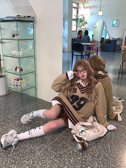 Oversized Korean Preppy Style Letter Print Loose Elegant Pullover Sweater