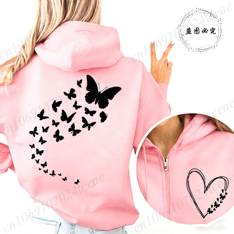 Butterfly Heart Hoodie Zip Up Vintage Hooded Sweatshirts Hip Hop Streetwear