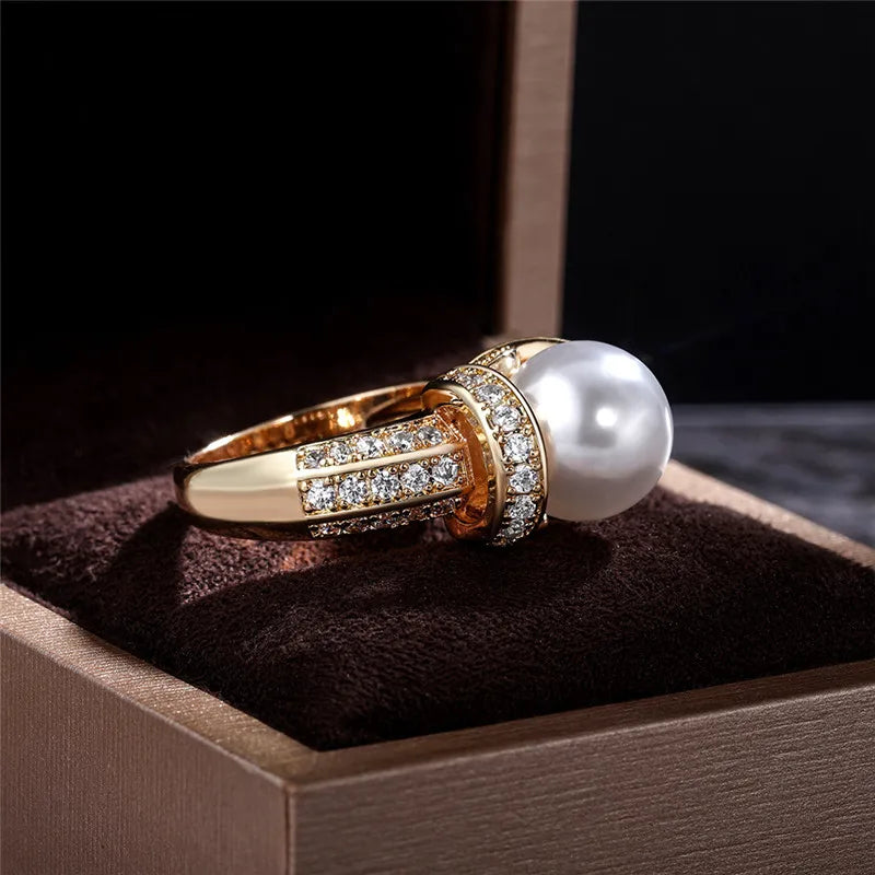 925 Sterling Silver Pearl Gold Shiny CZ Romantic Ring