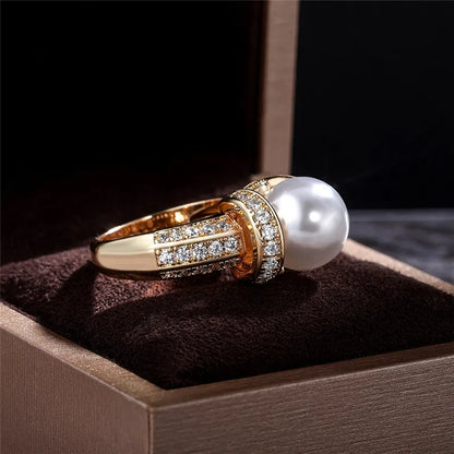 925 Sterling Silver Pearl Gold Shiny CZ Romantic Ring