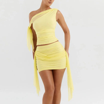 Elegant Pleated Top Short Skirt Set