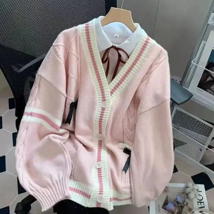 Sweet Bow Cardigans Y2K Aesthetic Contrast Color V-Neck Knitted Cardigan Sweaters Coat