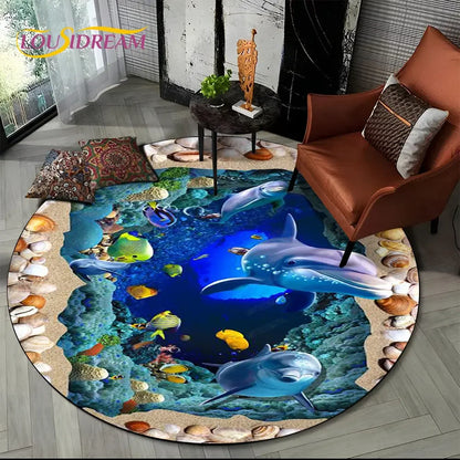 3D Seabed Illusion Underwater World Dolphin Round Area Rug