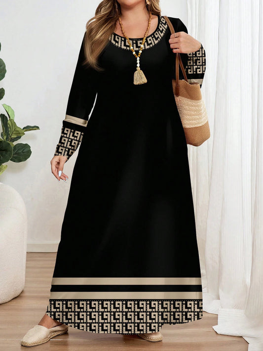 Plus-size geometric long sleeve dress