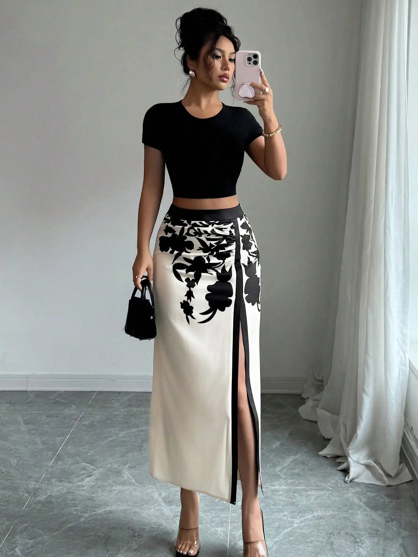 Black Floral Print Midi High Slit Casual Skirt