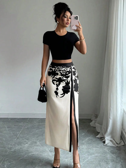 Black Floral Print Midi High Slit Casual Skirt