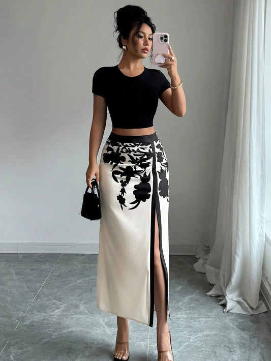 Black Floral Print Midi High Slit Casual Skirt