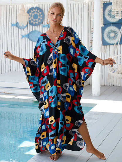 Plus Size Animal Print V-Neck Batwing Kaftan Beach Dress
