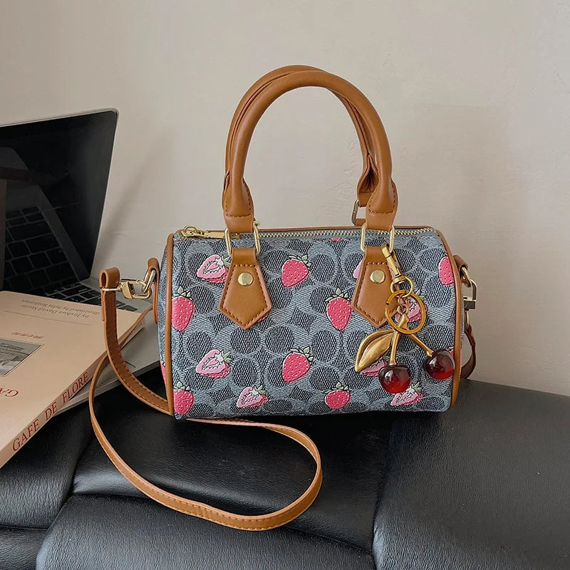 Crossbody Cherry Pattern PU Leather Boston Handbag Shoulder Bags