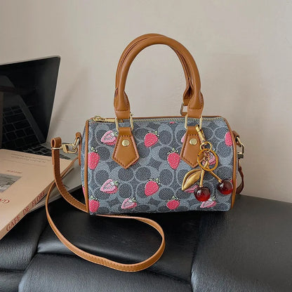 Crossbody Cherry Pattern PU Leather Boston Handbag Shoulder Bags