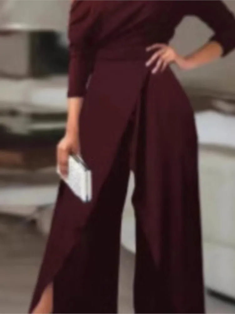 Off Shoulder Long Sleeves High Waist Wide Leg Jumpsuit