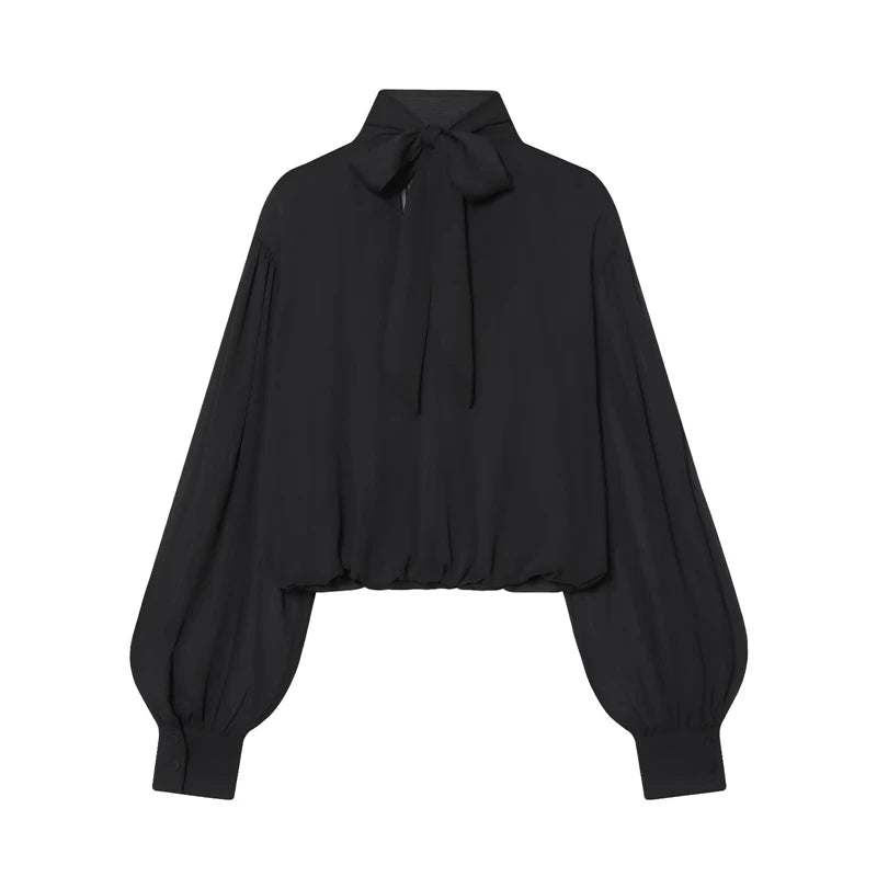 Black Bow Tie Neck Blouse Sheer Puff Sleeve Cropped Chiffon T-Shirt