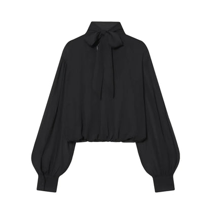 Black Bow Tie Neck Blouse Sheer Puff Sleeve Cropped Chiffon T-Shirt