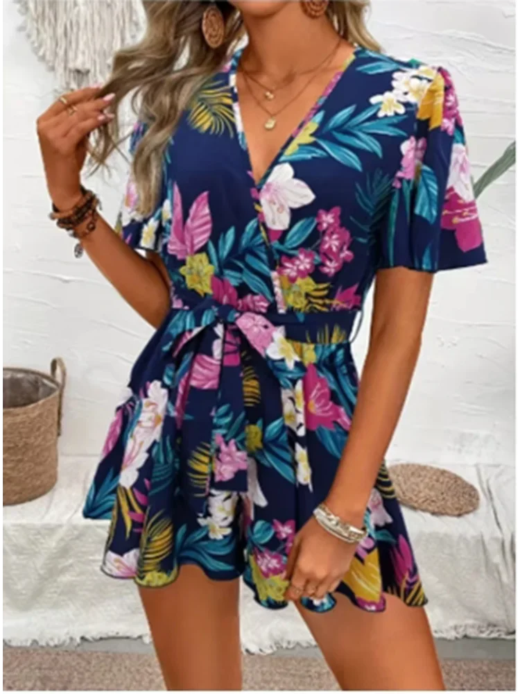 Printed V-neck Short Sleeve Jumpsuit