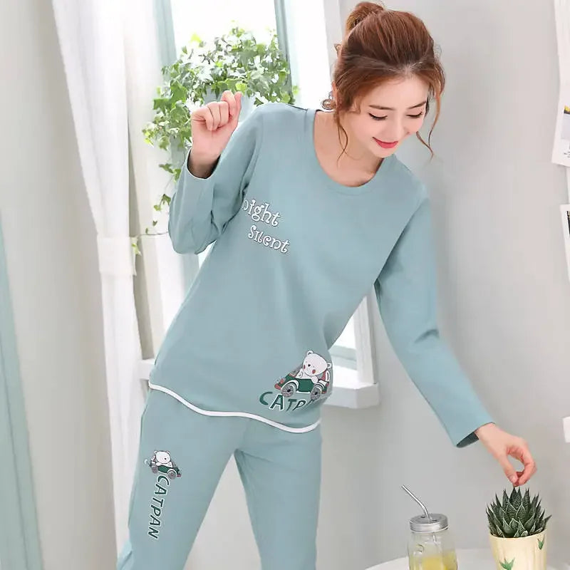 Round Neck Girls Bear Teacup Cat Full Sleepwear lovers Pajama Set