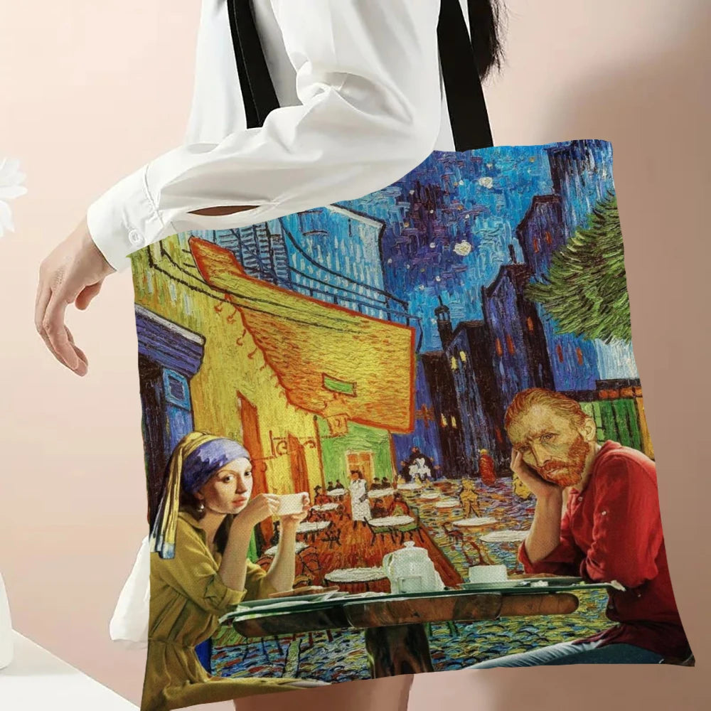 Linen Oil Painting Starry Night Flower Handbag