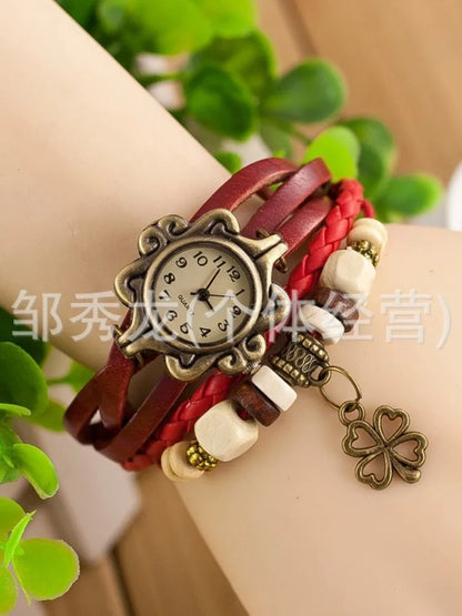 Vintage Leather Bracelet Butterfly Clover Pendant Quartz Watch