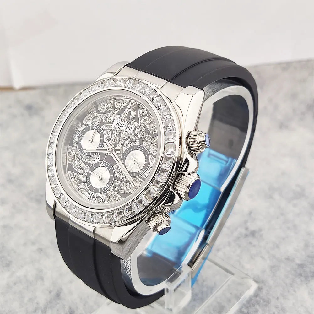 Movement Quartz Chronograph Sapphire Glass Gemstone Dial Luxury Waterproof Wristwatch