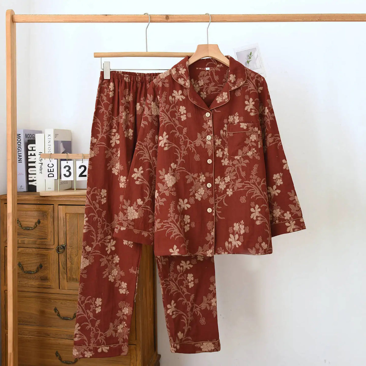 Suit Long-sleeved Trousers 100% Cotton Crepe Flower Leaves Pajama Sets