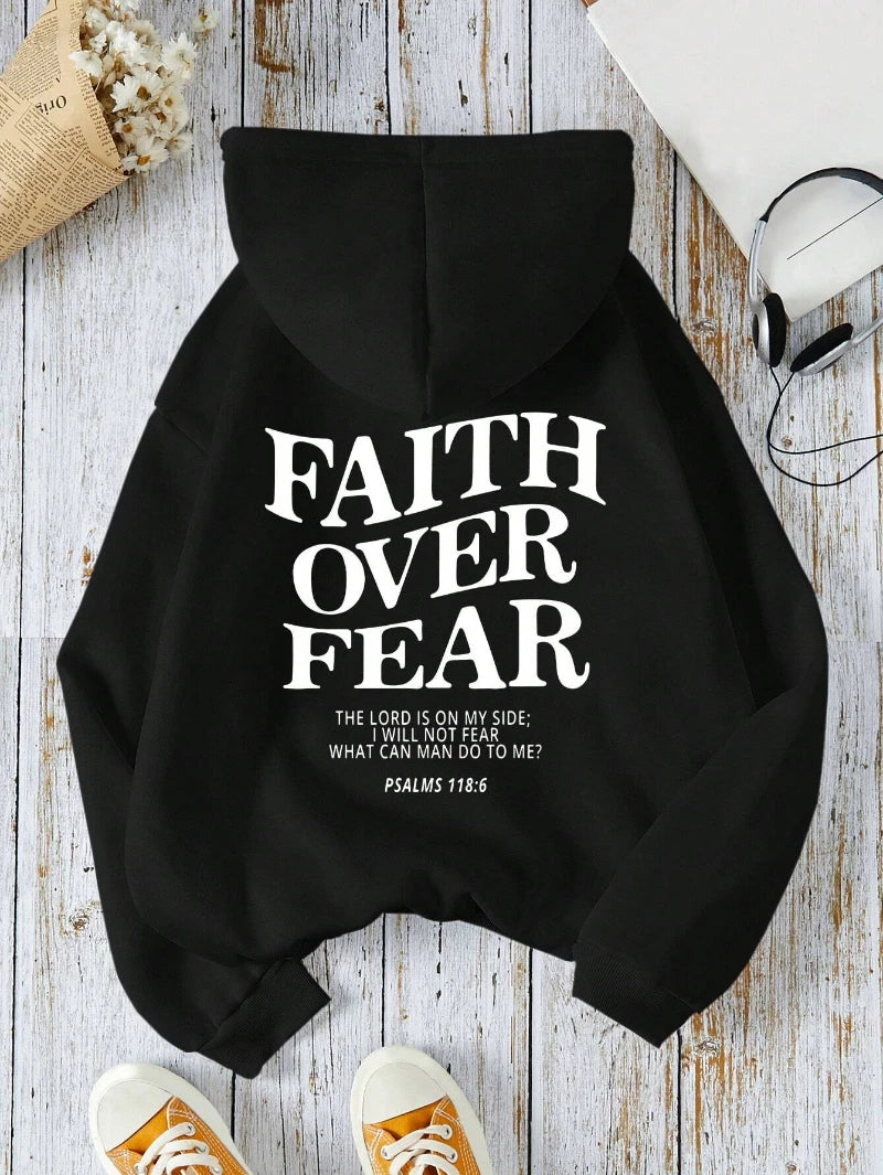 Casual Hoodies Faith Over Fear Letter Printing Sweatshirts Pocket Pullovers
