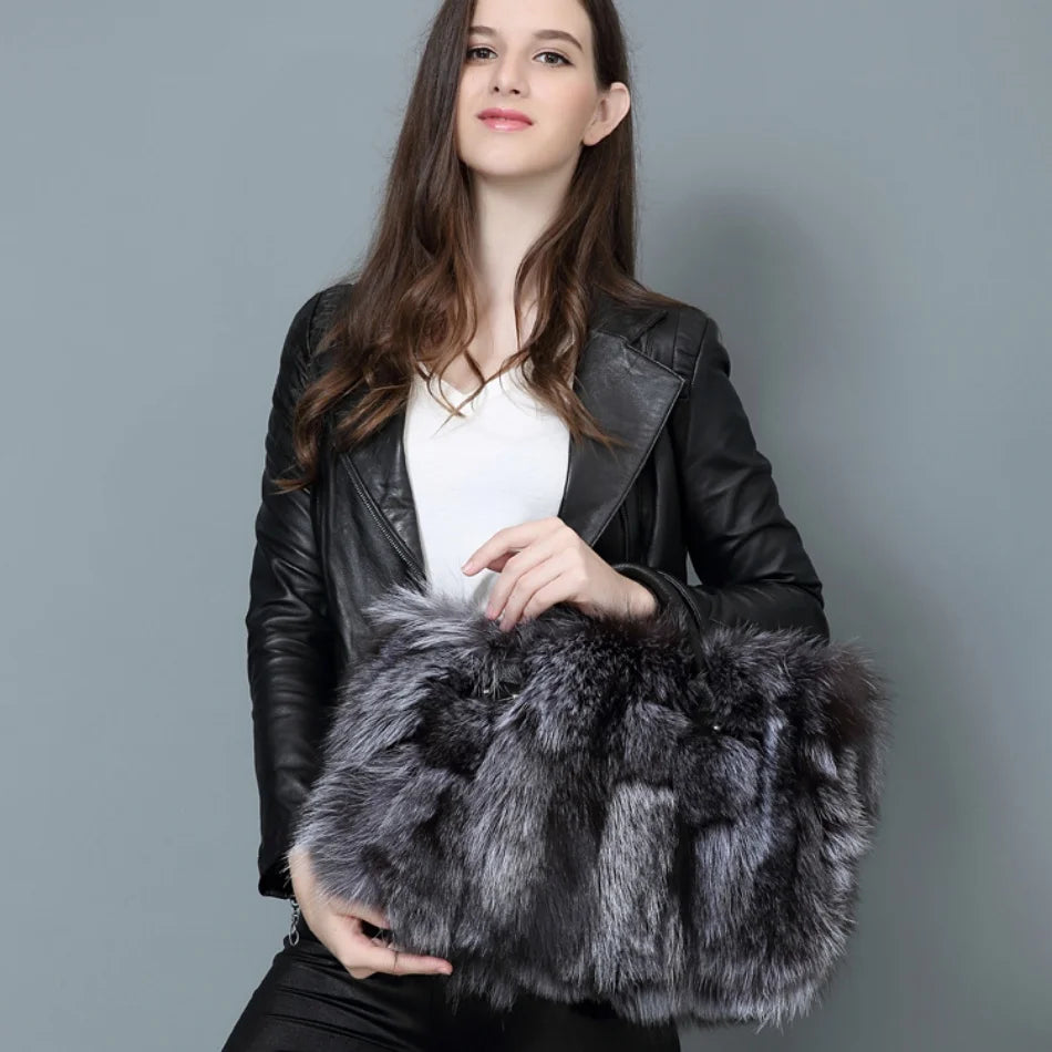 Real Fox Fur Large Size Plush Crossbody Luxury Handbags Fluffy Tote Bag