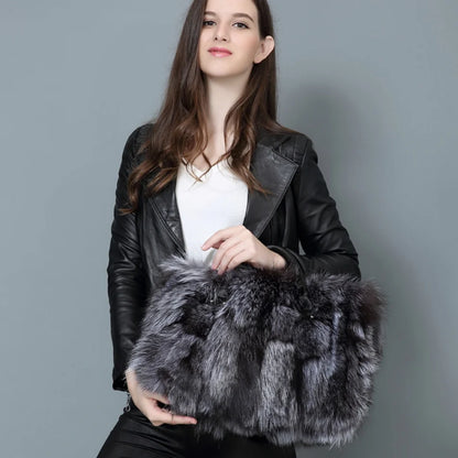Real Fox Fur Large Size Plush Crossbody Luxury Handbags Fluffy Tote Bag