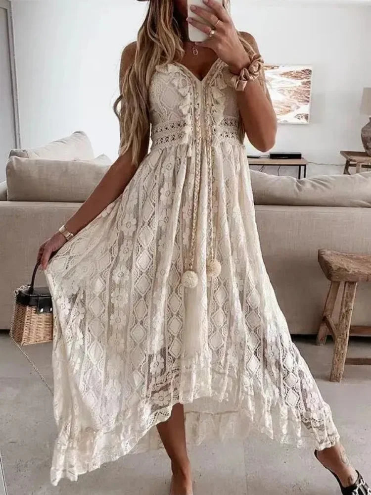Sexy Long Dress Lace Sleeveless V Neck Hollow Out Elegant Loose Dress