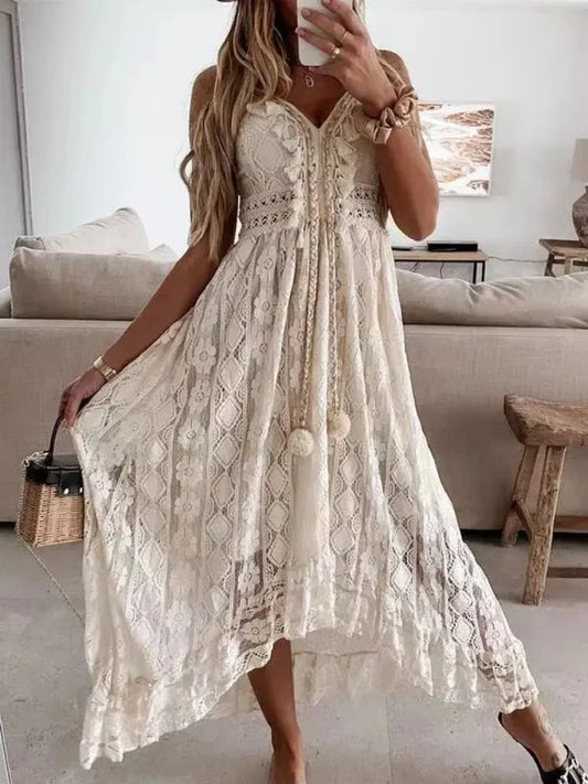 Sexy Long Dress Lace Sleeveless V Neck Hollow Out Elegant Loose Dress