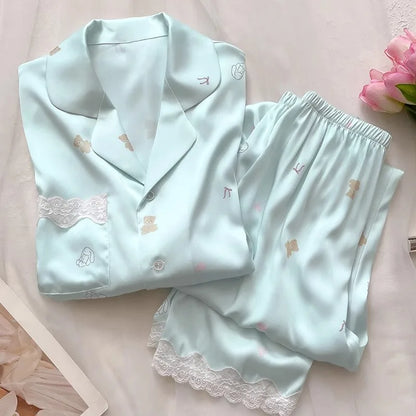 Bear Print  Cool Ice Silk Short Sleeve Cardigan Lace Fall Plus Size Pajama Sets