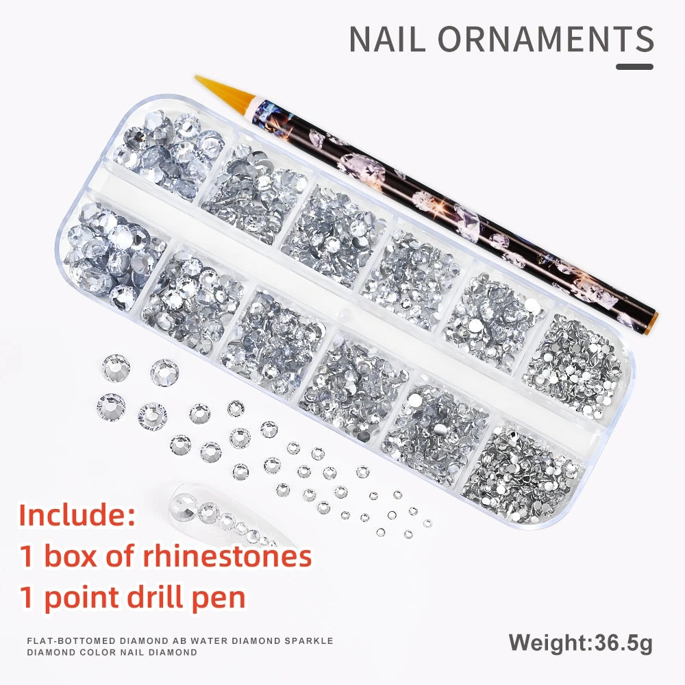 12Gird 3D Glass AB Crystal Nail Art Rhinestones Kit