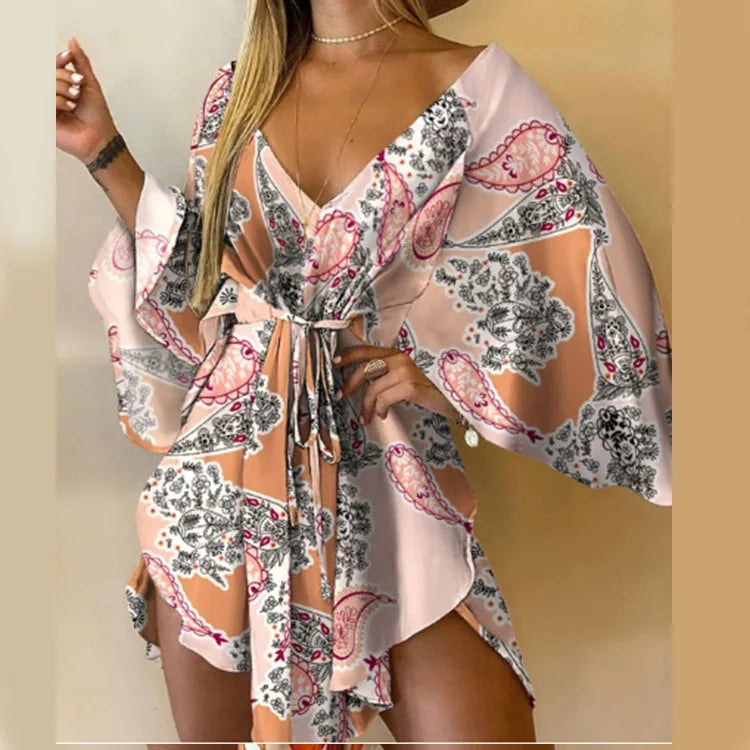 Bat Sleeve Ruffle Flowers Bohemian Mini Dress